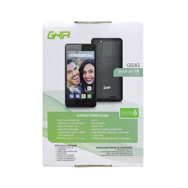 Ghia Smartphone 3g, 5 Pulg /Android Go 11, Camara Frontal 2 M, Camara Trasera 5m, 1gb 8gb, Wifi, Bt, Negro