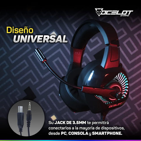 Headsets Gamer OGMH01. Tipo Diadema Over-Ear, Alámbricos, Iluminación Tipo RGB, Micrófono con cancelación de Ruido. Multiplataforma, Adaptador de 2 Puntas