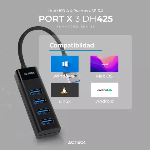 Hub Acteck Usb-A 4en1 Portx3 Dh425 4xusb-A3.0 Ac-934664
