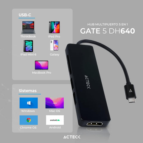 Hub Usb C 5 En 1 Gate 5 Dh640 4khdmi Negro Elite Series