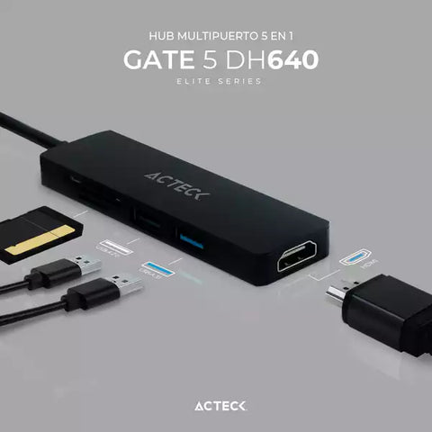 Hub Usb C 5 En 1 Gate 5 Dh640 4khdmi Negro Elite Series