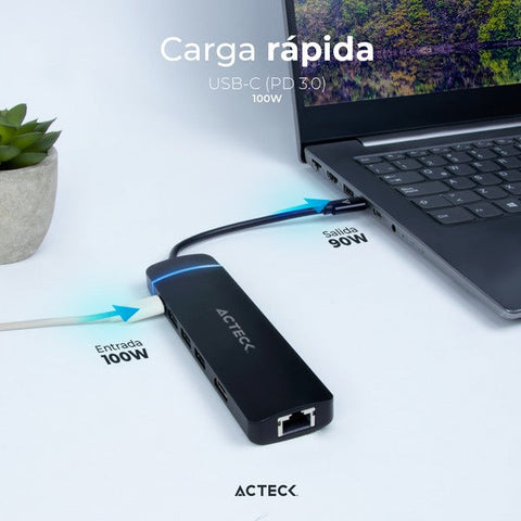 Hub Acteck Usb-C 8 En 1 4k Hdmi + Ethernet + 3 Usb-A 3.0 + Sd / Tf+Usb-C Ac-934626