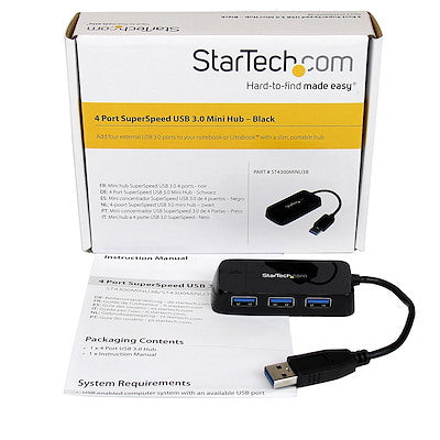 Hub Usb 3.0 De 4 Puertos - Adaptador Concentrador Hub Usb 3.0 Super Speed 4 Puertos Salidas Portatil Para Laptop Computadora - Negro - Startech.Com Modelo St4300minu3b