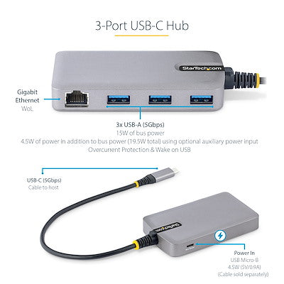 Hub Usb-C De 3 Puertos Usb-A - Usb 3.0 5gbps - Alimentado Por El Bus - Concentrador Usb-C De 3 Puertos Usb-A - Ethernet - Startech.Com Modelo 5g3agbb-Usb-C-Hub