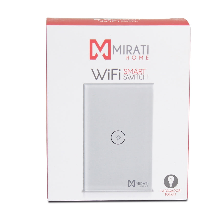 Interruptor inteligente de 1 apagador m1si1 mirati home. Interfaz touch, vinculación con alexa y google assistant