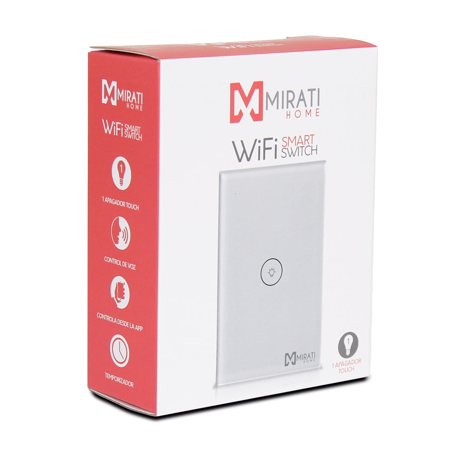 Interruptor inteligente de 1 apagador m1si1 mirati home. Interfaz touch, vinculación con alexa y google assistant