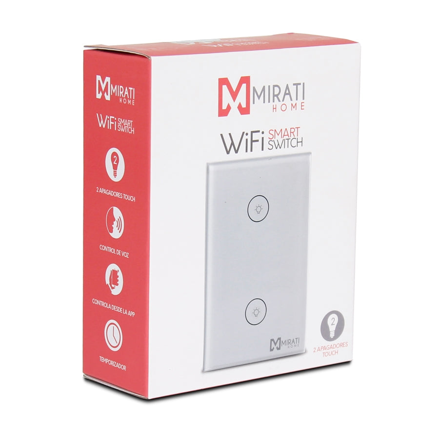 Interruptor inteligente de 2 apagador m2si1 mirati home. Interfaz touch, vinculación con alexa y google assistant.