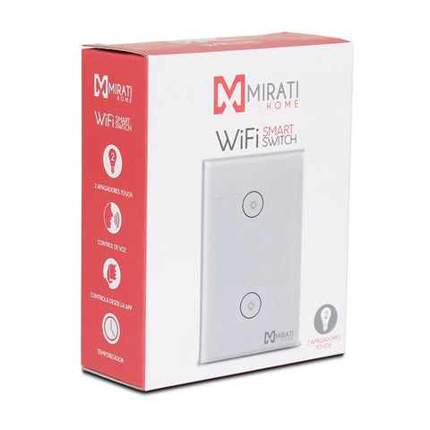 Interruptor inteligente de 2 apagador m2si1 mirati home. Interfaz touch, vinculación con alexa y google assistant.