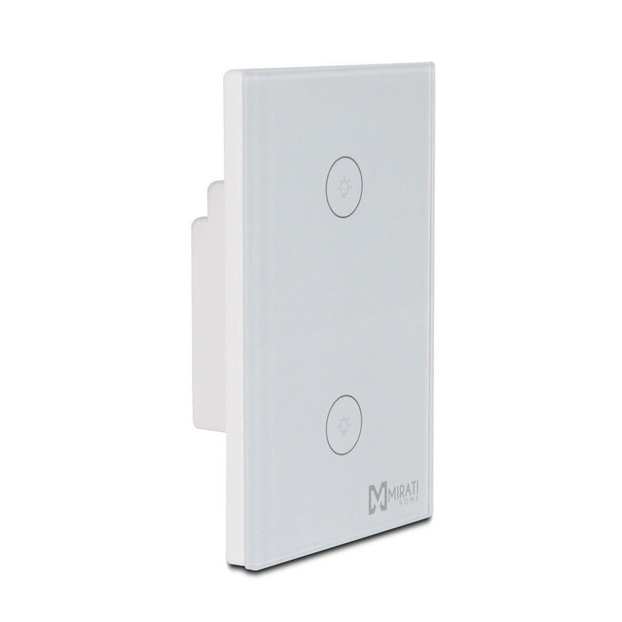Interruptor inteligente de 2 apagador m2si1 mirati home. Interfaz touch, vinculación con alexa y google assistant.