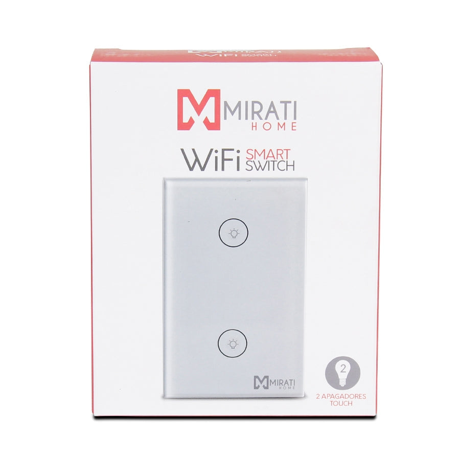 Interruptor inteligente de 2 apagador m2si1 mirati home. Interfaz touch, vinculación con alexa y google assistant.