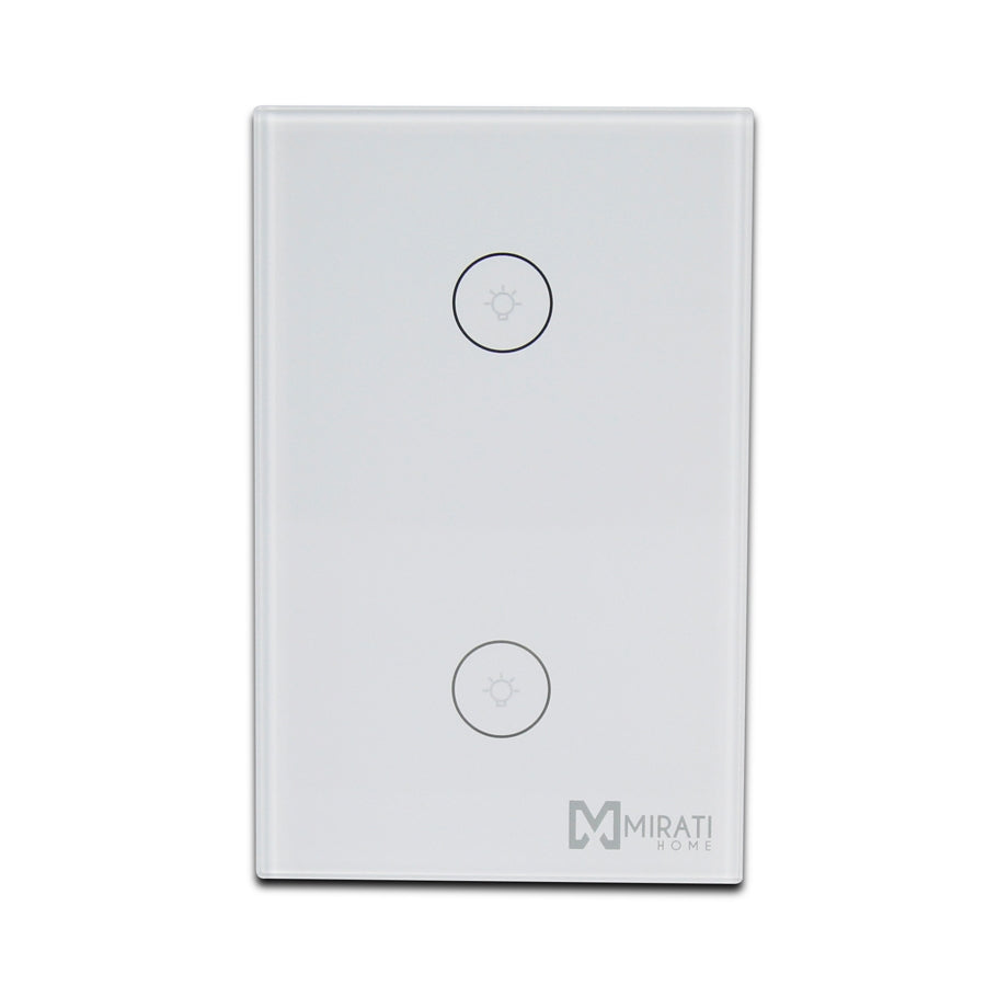 Interruptor inteligente de 2 apagador m2si1 mirati home. Interfaz touch, vinculación con alexa y google assistant.