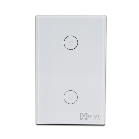 Interruptor inteligente de 2 apagador m2si1 mirati home. Interfaz touch, vinculación con alexa y google assistant.