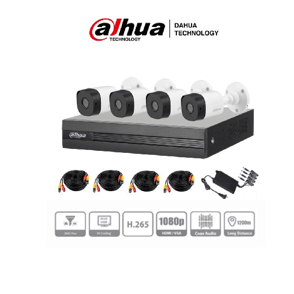 Kit Dahua De 4 Can De 2 Mpx, Wizsense, Ia, H.265+, 4 Cam B1a21 2 Mpx (Dh-Kit/Xvr1b04-I/4-B1a21n-0360b)