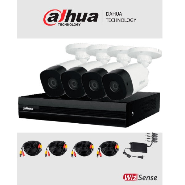 Kit Dahua De 4 Canales De 1 Mpx, Wizsense, Ia, H.265+, 4 Camaras B1a11 (Dh-Kit/Xvr1b04-I/4-B1a11n-0360b)