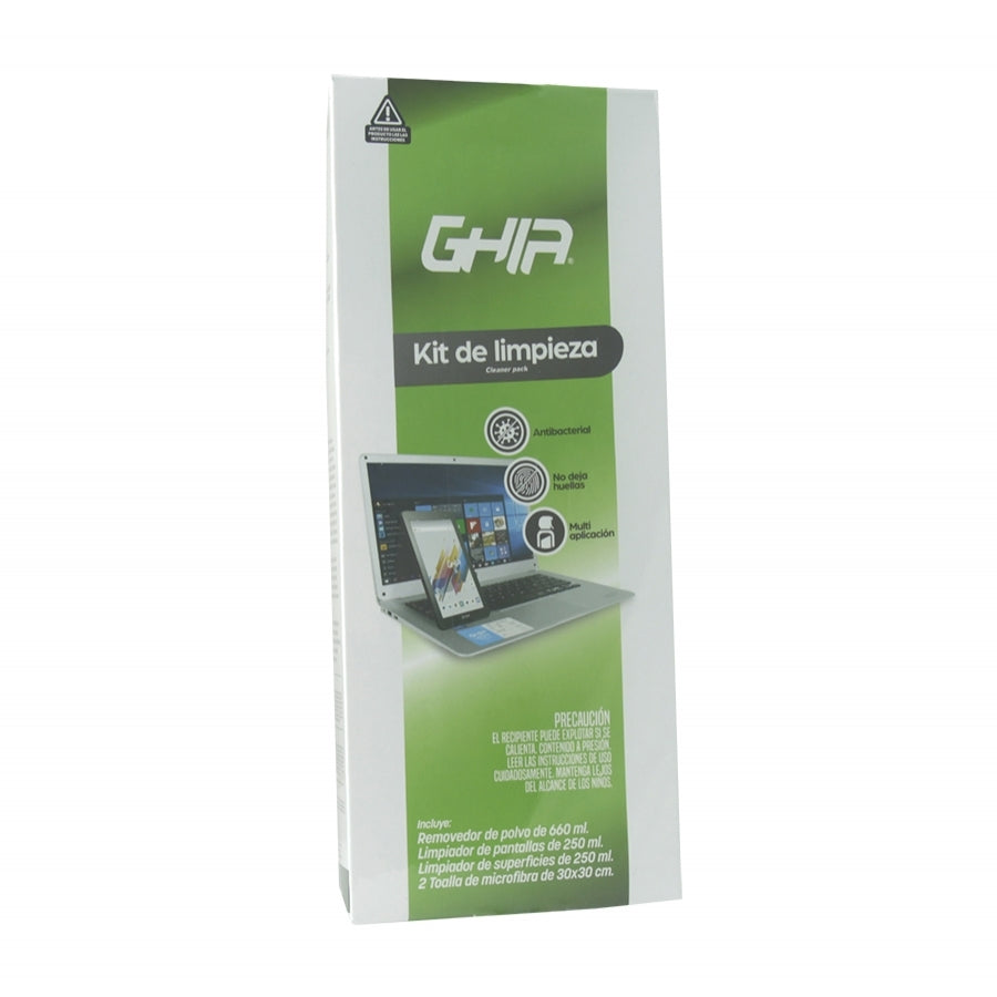Kit De Limpieza Deluxe Ghia, Contiene Removedor De Polvo 660ml, Locion Limpiadora 250ml, Limpiador De Pantallas 250ml Y 2 Microfibras