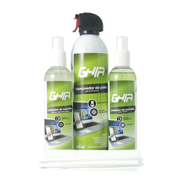 Kit De Limpieza Deluxe Ghia, Contiene Removedor De Polvo 660ml, Locion Limpiadora 250ml, Limpiador De Pantallas 250ml Y 2 Microfibras