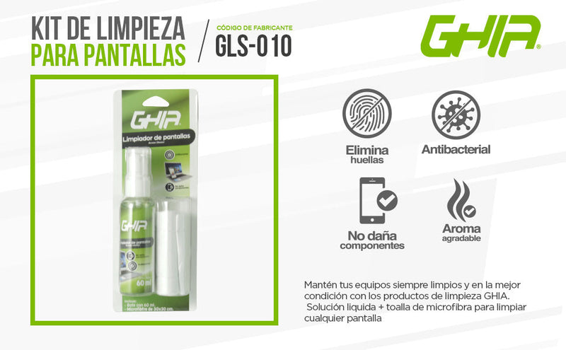 Kit De Limpieza Para Pantallas Ghia Incluye Microfibra Y Spray 60ml, Antibacterial