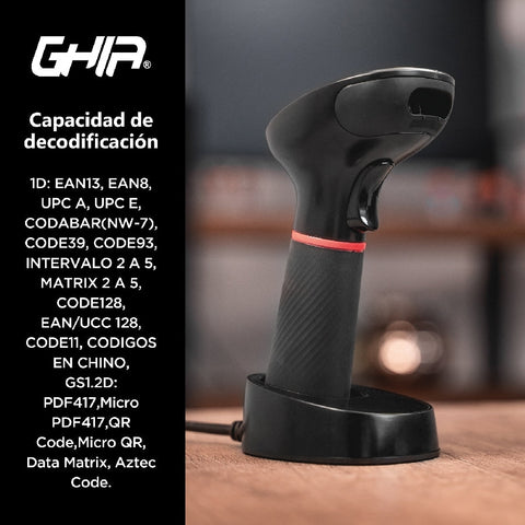 Lector De Codigos De Barras Ghia 2d Inalambrico, Receptor Usb, Bluetooth, Base De Carga, Compatible Con Qr