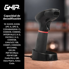 Lector De Codigos De Barras Ghia 2d Inalambrico, Receptor Usb, Bluetooth, Base De Carga, Compatible Con Qr