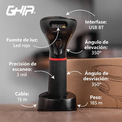 Lector De Codigos De Barras Ghia 2d Inalambrico, Receptor Usb, Bluetooth, Base De Carga, Compatible Con Qr