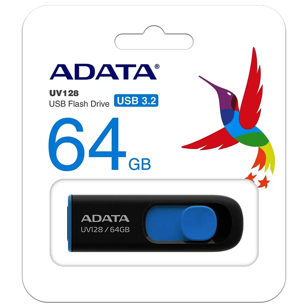 Memoria Flash Adata Uv128 64gb Usb 3.0 Negro Con Azul (Auv128-64g-Rbe)