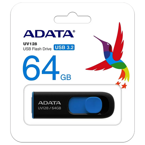 Memoria Flash Adata Uv128 64gb Usb 3.0 Negro Con Azul (Auv128-64g-Rbe)
