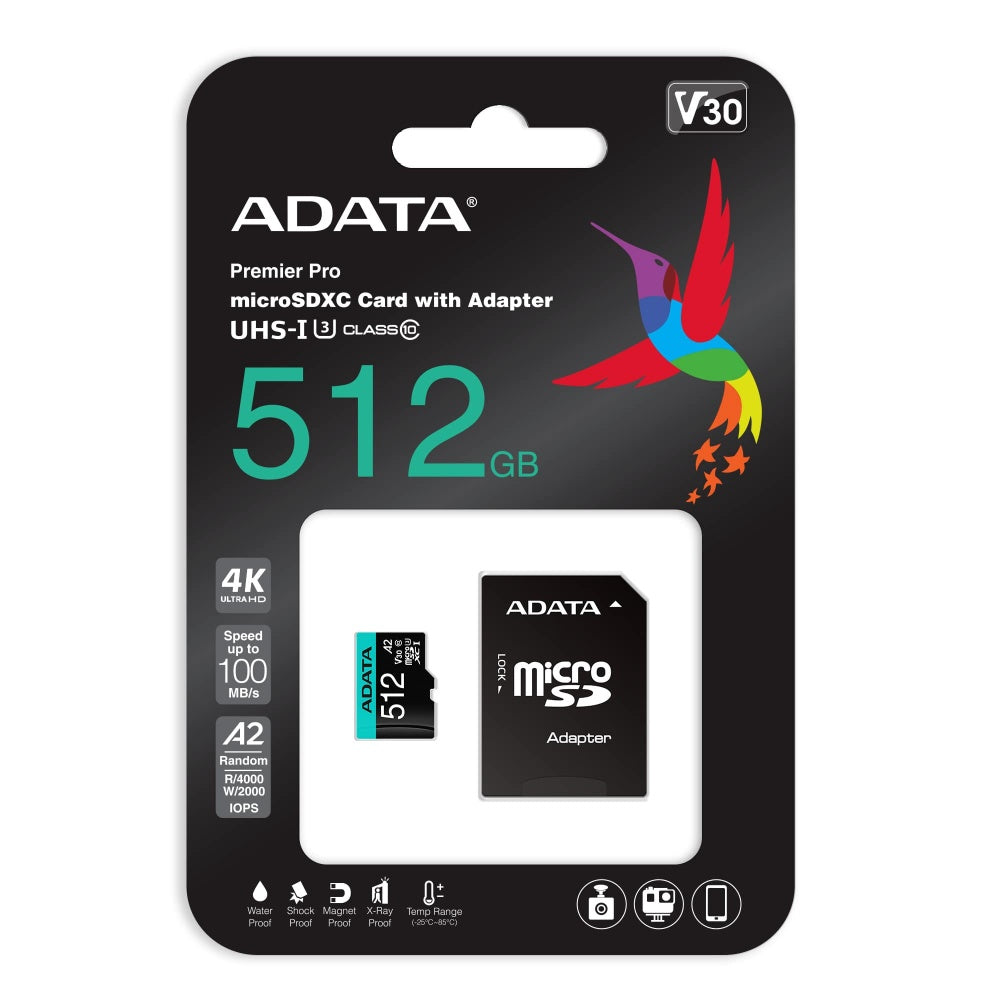 Memoria Microsdxc Adata 512gb Uhs-I U3 V30s A2 Con Adaptador (Ausdx512gui3v30sa2-Ra1)
