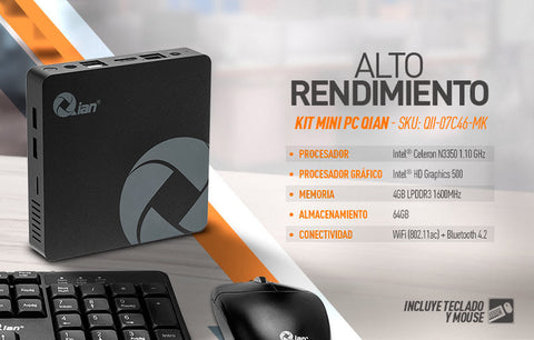 Mini Pc Qian Qii-07c46-Mk Celeron N3350, 4gb, 64gb, Hdmi, Vga, T/M