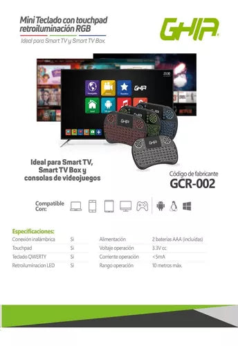 Mini Teclado Inalambrico Ghia Con Touch Pad Para Smart Tv, Tv Smart Box Y Pc