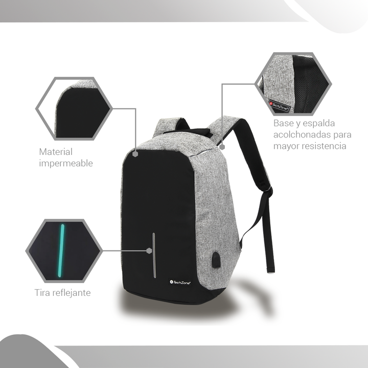 Mochila Backpack Techzone Tz18lbp02 Antirrobo 17 Negro Gris