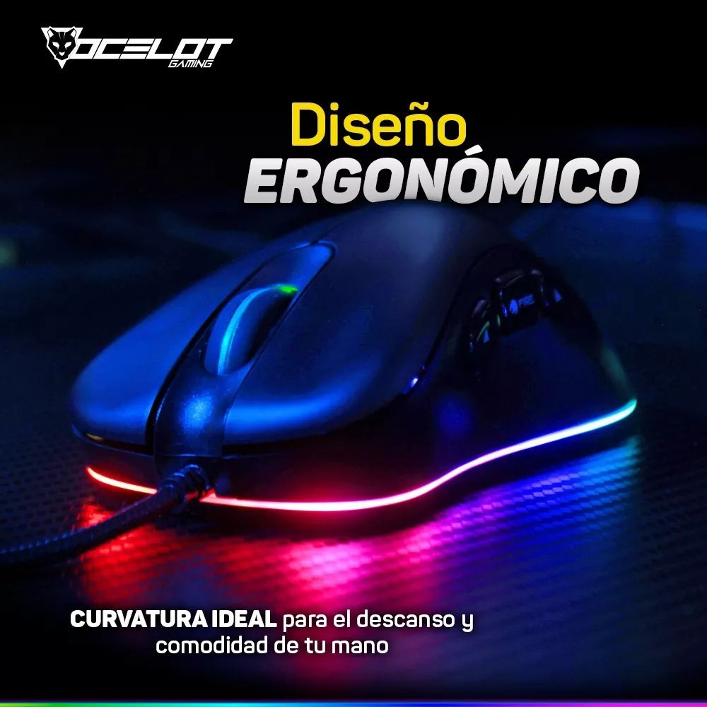 Mouse Alambrico Ocelot, Optico, Usb, Rgb, Dpi Configurable Hasta 6400, 8 Botones, Ergonomico, Gamer