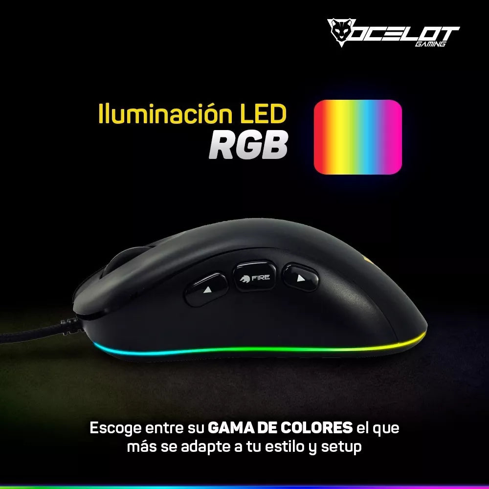 Mouse Alambrico Ocelot, Optico, Usb, Rgb, Dpi Configurable Hasta 6400, 8 Botones, Ergonomico, Gamer