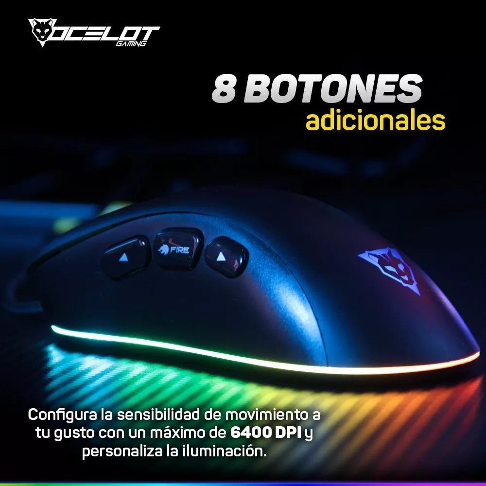 Mouse Alambrico Ocelot, Optico, Usb, Rgb, Dpi Configurable Hasta 6400, 8 Botones, Ergonomico, Gamer