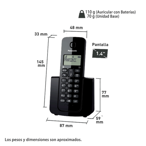 Panasonic Telefono Inalambrico Patalla Lcd 1.4 Compacto Negro(Kx-Tgb110meb)