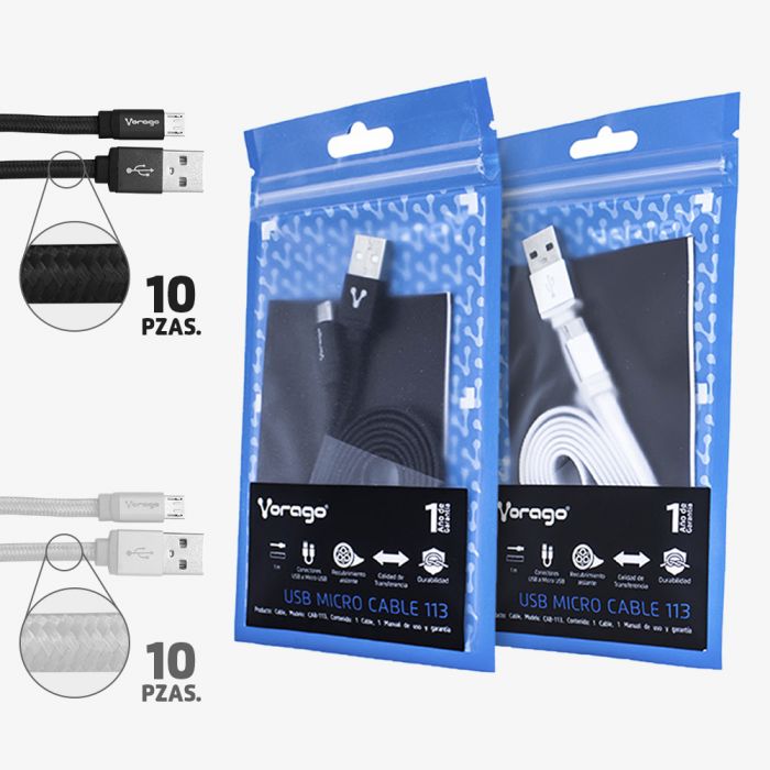 Paquete 20 Cables Micro Usb Vorago Cab-113 10 Negros Y 10 Blancos