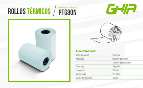 Paquete Rollo Papel Termico Ghia 80x70 Mm, 10 Piezas, Para Impresoras De 80mm,  Reaccion Negro