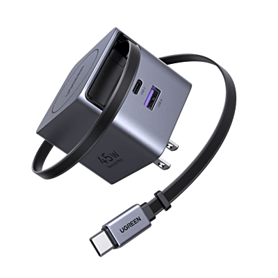 Cargador Rápido UGREEN 45W GaN | Cable Retráctil 0.7m | 3 Puertos USB-C + USB-A | Tecnología GaNInfinity 95% Eficiencia | 8 Capas Protección | Carga Simultánea 3 Dispositivos | Compacto para Viajes