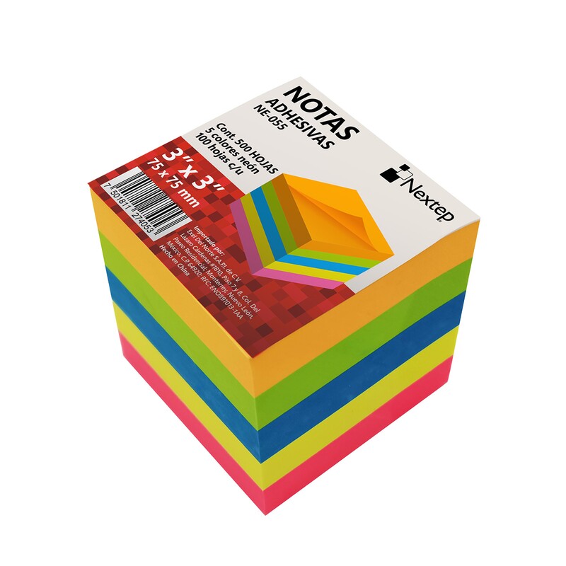 Notas Adhesivas Nextep, 3X3"" Neón (5 Bloques/500 Hojas) Ne-055