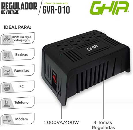 Regulador de voltaje ghia 1000va, 400w 4 contactos.