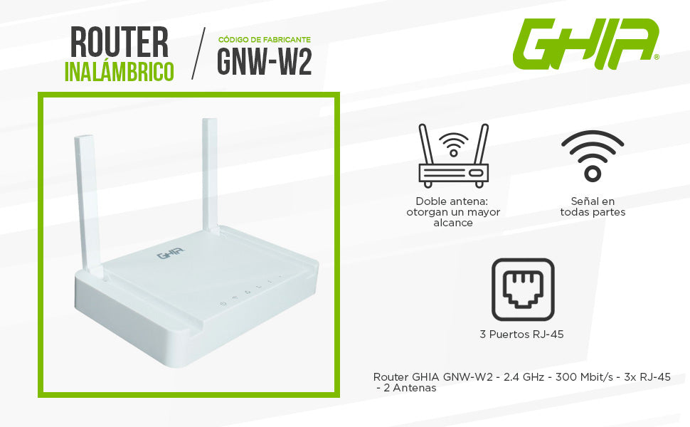 Router Inalambrico Ghia Compacto 300mbps 802.11n/G/B Multimodo Access Point Repetidor Wisp 3 Puertos Lan 10/100 1 Puerto Wan 10/100 2 Antenas Fijas Externas 5dbi