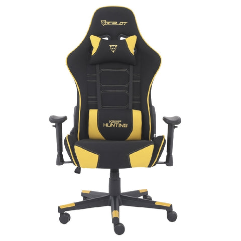 Silla Gamer De Tela Ocelot, Color Amarilla Con Negro, Base Reforzada De Nylon, Descansa Brazos Ajustables, Angulo De Inclinación 155 Grados, Soporta Hasta 150kg, Cojín Para Lumbar Y Cervical