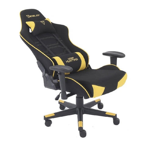 Silla Gamer De Tela Ocelot, Color Amarilla Con Negro, Base Reforzada De Nylon, Descansa Brazos Ajustables, Angulo De Inclinación 155 Grados, Soporta Hasta 150kg, Cojín Para Lumbar Y Cervical