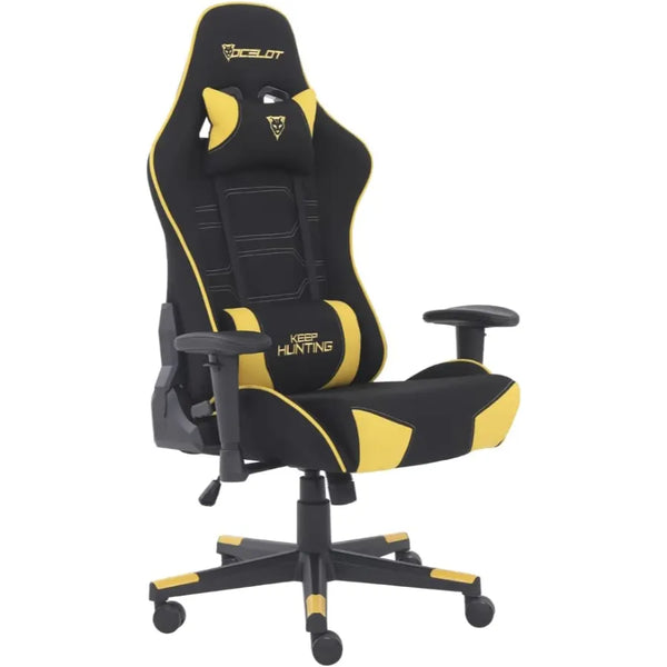 Silla Gamer De Tela Ocelot, Color Amarilla Con Negro, Base Reforzada De Nylon, Descansa Brazos Ajustables, Angulo De Inclinación 155 Grados, Soporta Hasta 150kg, Cojín Para Lumbar Y Cervical