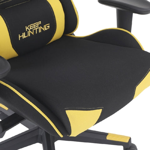 Silla Gamer De Tela Ocelot, Color Amarilla Con Negro, Base Reforzada De Nylon, Descansa Brazos Ajustables, Angulo De Inclinación 155 Grados, Soporta Hasta 150kg, Cojín Para Lumbar Y Cervical