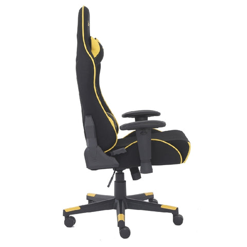 Silla Gamer De Tela Ocelot, Color Amarilla Con Negro, Base Reforzada De Nylon, Descansa Brazos Ajustables, Angulo De Inclinación 155 Grados, Soporta Hasta 150kg, Cojín Para Lumbar Y Cervical