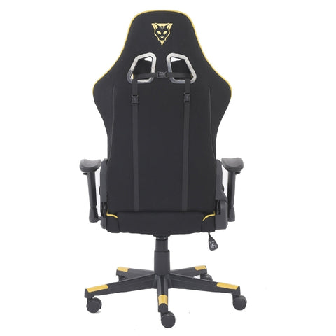 Silla Gamer De Tela Ocelot, Color Amarilla Con Negro, Base Reforzada De Nylon, Descansa Brazos Ajustables, Angulo De Inclinación 155 Grados, Soporta Hasta 150kg, Cojín Para Lumbar Y Cervical