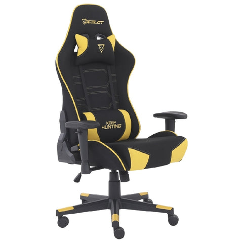 Silla Gamer De Tela Ocelot, Color Amarilla Con Negro, Base Reforzada De Nylon, Descansa Brazos Ajustables, Angulo De Inclinación 155 Grados, Soporta Hasta 150kg, Cojín Para Lumbar Y Cervical