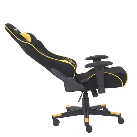 Silla Gamer De Tela Ocelot, Color Amarilla Con Negro, Base Reforzada De Nylon, Descansa Brazos Ajustables, Angulo De Inclinación 155 Grados, Soporta Hasta 150kg, Cojín Para Lumbar Y Cervical