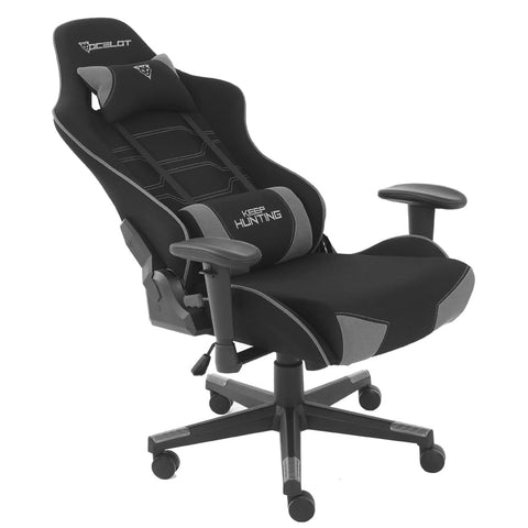 Silla Gamer De Tela Ocelot, Color Negro Con Gris , Base Reforzada De Nylon, Descansa Brazos Ajustables , Angulo De Inclinación 155 Grados, Soporta Hasta 150kg, Cojín Para Lumbar Y Cervical