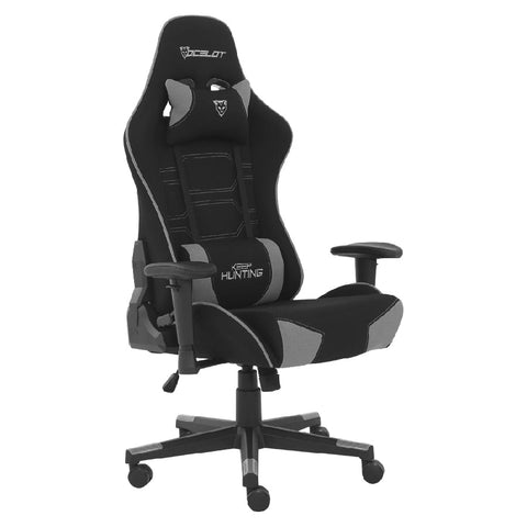 Silla Gamer De Tela Ocelot, Color Negro Con Gris , Base Reforzada De Nylon, Descansa Brazos Ajustables , Angulo De Inclinación 155 Grados, Soporta Hasta 150kg, Cojín Para Lumbar Y Cervical